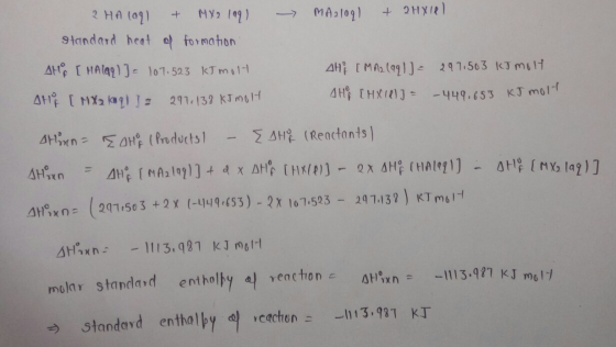 - MA21091 + 2HXIQ) 2 HA LOI + MY2 lag) standard heat of formation AHA [HAlaq)] = 107.523 kJ molt Atle [ MX2 (aq) = 211.138 kJ