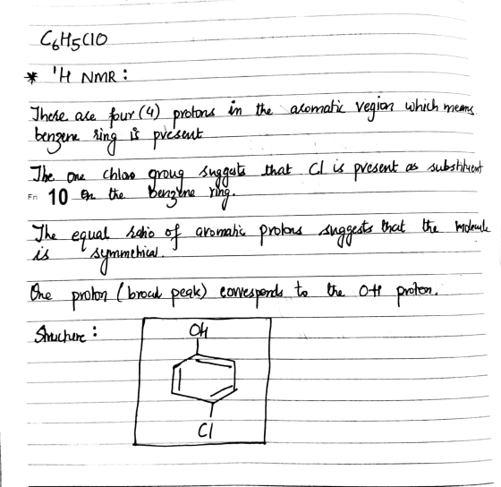 CoH5C10 * H NMR : There are four (4) protons in the aromatic region which means bengene ring is present The one chloo grouq