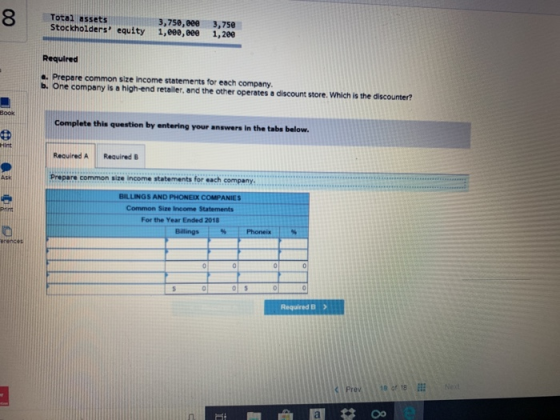 Total assets Stockholders equity 1,eee,8e0 1,200 3,758,800 3,75e Required . Prepare common size income statements for each company. b. One company is a high-end retailer, and the other operates a discount store. Which is the discounter? Book Complete this question by entering your answers in the tabs below Hint Required A RequiredB Ask Prepare common size income statements for each company. BILLINGS AND PHONEIX COMPANIES For the Year Ended 2018 Billings % Phoneix % Required B