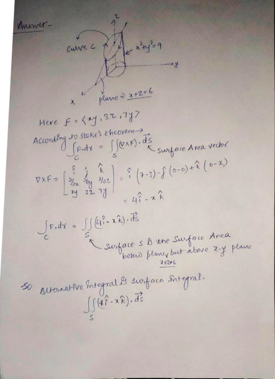 Answer_ Curvec xty² = 9 x plane a +2=6 Here fokay, 3r ty? According to stokes theorem 5 - VXF- 1 % Toy fat 19 31. 11 Sfoder