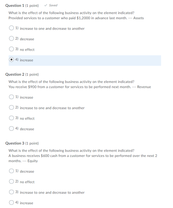 Question 1 (1 point) Saved What is the effect of the following business activity on the element indicated? Provided services