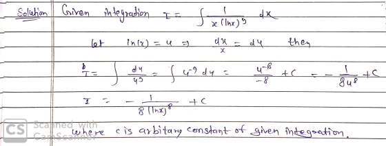 Solution Giren integration I = xilne) dk de clnx) let in(x) = u a du Х du then dy T= u-B if yg d y = que tc 1 to 8 (Inxj8 Sca