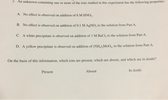 2. An unknown containing one or more of the ions studied in this experiment has the following properties: A. No effet is o hsrved on adition of O M HNO, B. No effect is observed on addition of 0.1 M AgNO, to the solution from Part A D. A yellow precipitate is observed on addition of (NH ),MoO, to the solution from Part A On the basis of this information, which ions are present, which are absent, and which are in doubt? Absent In doubt Present