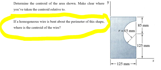 Determine the centroid of the area shown. Make clear where y youve taken the centroid relative to. If a homogeneous wire is