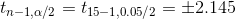 t_{n-1,\alpha/2}=t_{15-1,0.05/2}=\pm 2.145