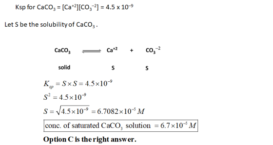 Ksp for CaCO3 = (Ca+2][CO3-2] = 4.5 x 10-9 Let S be the solubility of CaCoz. Caco; — Cat2 + c032 solid S s Köp = SxS = 4.5x10