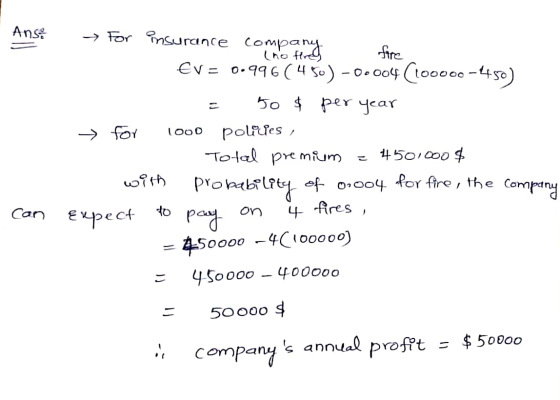 Ansi - fire → For insurance company - (no fired Ev= 0.996(450)-00004 (100000-450) = 50 $ per year → for 1000 policies, Total