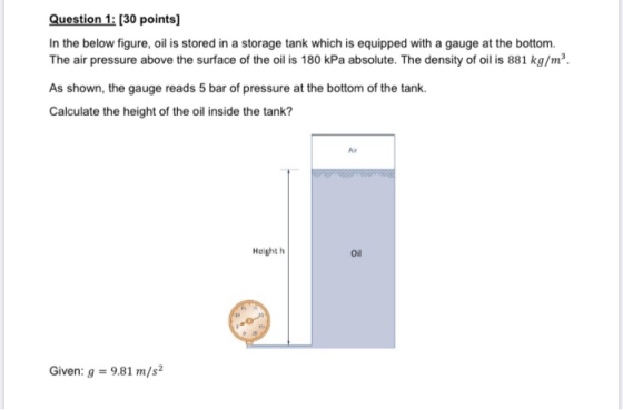 Question 1: (30 points) In the below figure, oil is stored in a storage tank which is equipped with a gauge at the bottom. Th