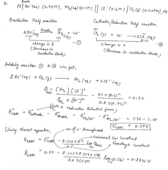 Anode a P+] Br“Cae) (0.75m), BY? (ap) (0.1 M) || 62 (0.6m) | 42697 (0.2 atm), pt Duidation Hall reaction Cathodic / Reduction
