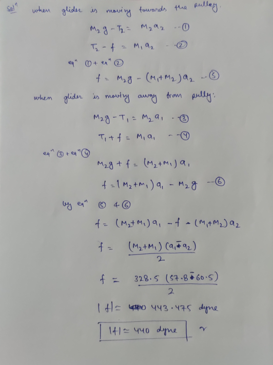 Sol when glider is moving towards the pulley. M₂ g - T2 = Mad2 .-0 Tz - f = M, 92 - ② aq + ta Mag - (M + M2 ) 22 ~ ③ when