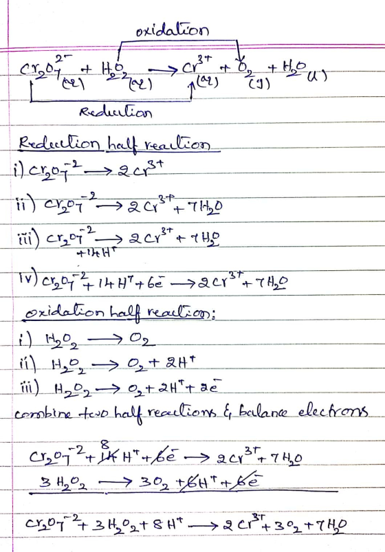 oxidation 2 3+ . + How al 72) (92) Reduction Redocelion half reaclion il crop 2 > 2013 ii) crop 2 2 Cr3+ + TH₂O iii) crot 2 2