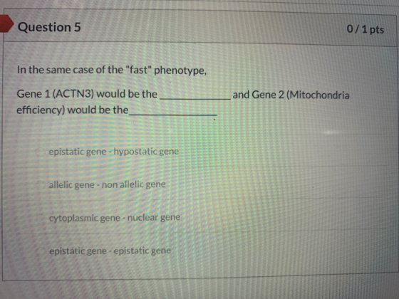 Question 5 0/1 pts In the same case of the fast phenotype, and Gene 2 (Mitochondria Gene 1 (ACTN3) would be the efficiency)