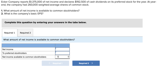 Ecker Company reports $1,375,000 of net income and declares $192,500 of cash dividends on its preferred stock for the year. A
