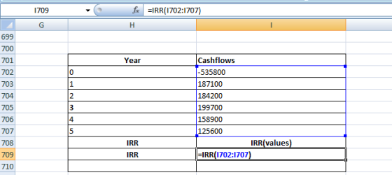 1709 fax =IRR(1702:1707) Year Cashflows -535800 187100 184200 199700 158900 125600 IRR values) =IRR 1702:1707) 706 707 708 hu