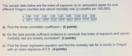 The sample data below are the index of exposure (x) to radioactive waste for nine different Oregon counties and cancer mortal