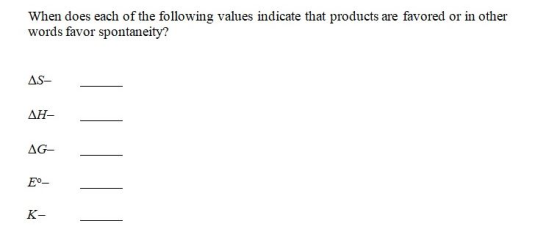 When does each of the following values indicate that products are favored or in other words favor spontaneity? AS-