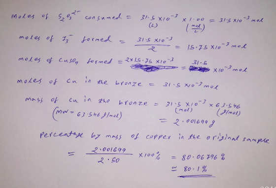 moles of su consumed = 31.5810-3 1.00 = 3115x10 -3 mol moles of It formed = 31.6x10 3 = 15.75X103 nol sormed = 2x15 75x10-3 3