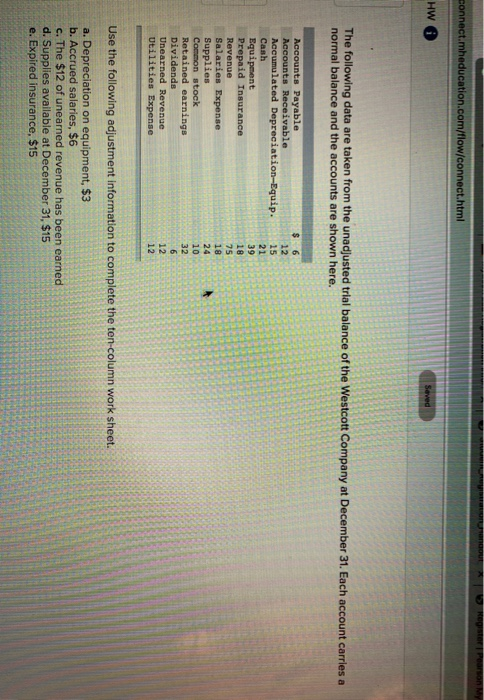connect.mheducation.com/flow/connect.html HW The following data are taken from the unadjusted trial balance of the Westcott C