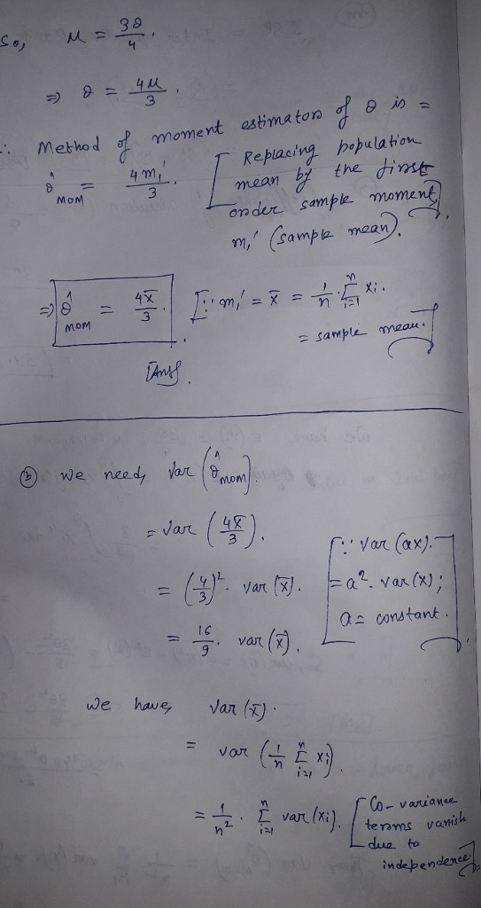 从_ 38 . 3 A0 Metho d mome nt estimaton Replasivg hepla ton mean b the 4 m MoM 3 ondet sample momen mom as constant. we have Var () Co-vaniay te rams vanish dua to va几(x; ndependence
