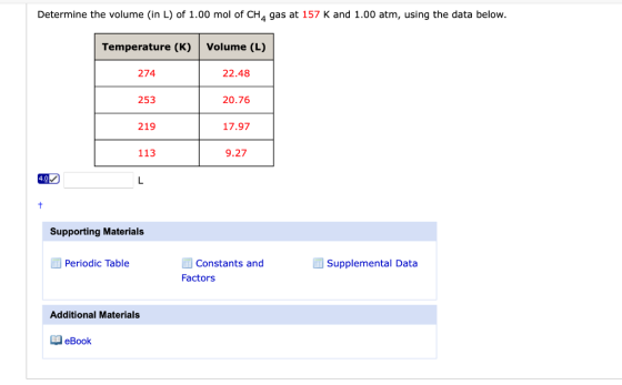 Determine the volume (in L) of 1.00 mol of CH4 gas at 157 K and 1.00 atm, using the data below. Temperature (K) Volume (L) 27