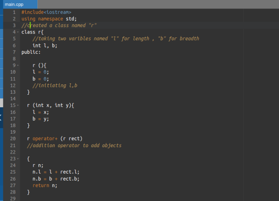 main.cpp 1 #include<iostream> 2 using namespace std; 3 //dreated a class named r 4. class r{ //taking two varibles named