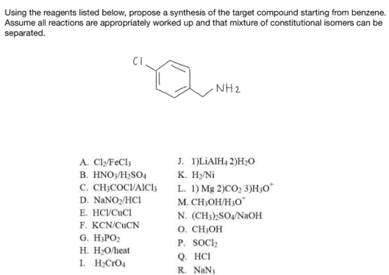 Using the reagents listed below, propose a synthesis of the target compound starting from benzene. Assume all reactions are a
