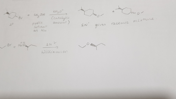 Br & CH₂OH elzo (catalytic amount) gives racemic mixture protic solvent as Nu SN SNZ Williamson
