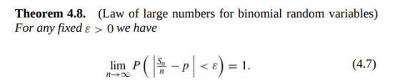 Theorem 4.8. (Law of large numbers for binomial random variables) For any fixed ε > 0 we have (4.7) n-00