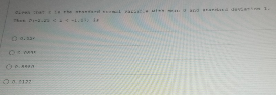 Given that z is the standard normal variable with mean o and standard deviation 1. Then P(-2.25 < < -1.27) is O 0.024 O 0.089