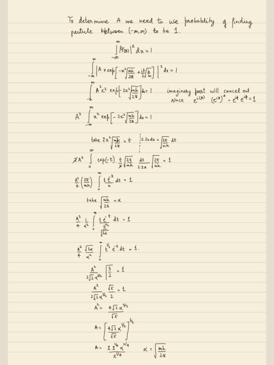 probability of finding To determine A we need to use particle bielwaren (-00,00) to be 1. | 146, 1² dx=1 (14248 248-] *1 imag
