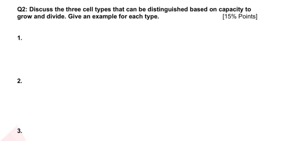 Q2: Discuss the three cell types that can be distinguished based on capacity to grow and divide. Give an example for each typ