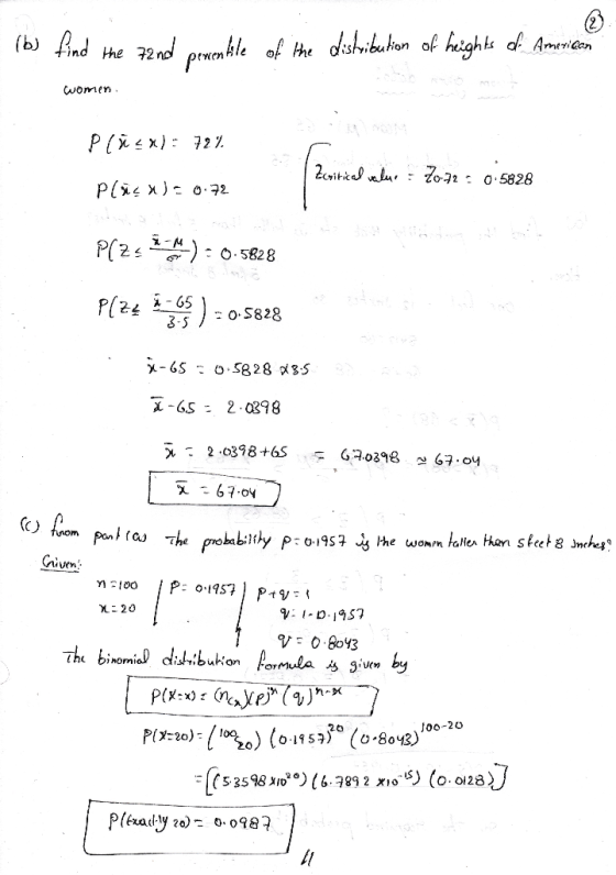 (b) find the 72nd percentile of the distribution of heights of American women P): 727 Zoritical value = 7072: 0.5828 Plaç x):