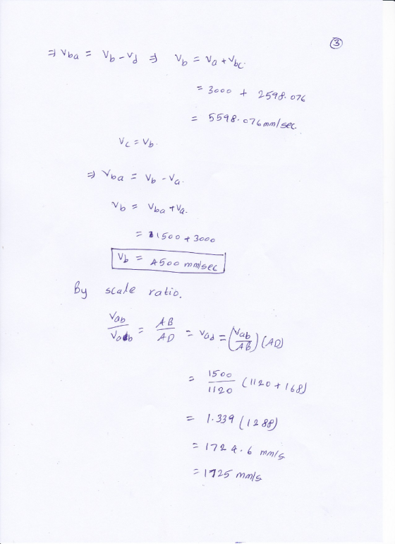 V ba = Vb.vd犭 vb. Va +VbC 3000 + 2598.07 559 8.071mm/sec. つNwa = vb.va 1 ( 50 o 3000 By scale ratio. Vob 120 。1.339 11288) 25