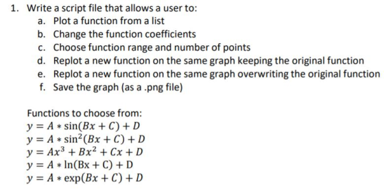 1. Write a script file that allows a user to: a. Plot a function from a list b. Change the function coefficients c. Choose fu
