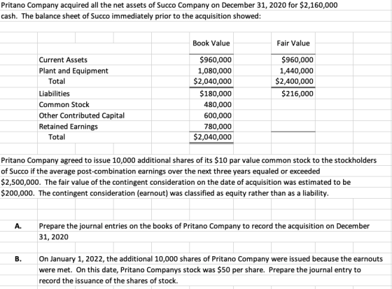 Pritano Company acquired all the net assets of Succo Company on December 31, 2020 for $2,160,000 cash. The balance sheet of S