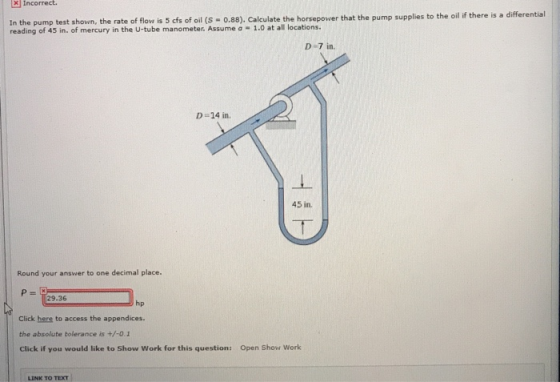 In the pump test shown, the rate of flow is 5 cfs of oil (S = 0.88). Calculate the horsepower that the pump supplies to the o