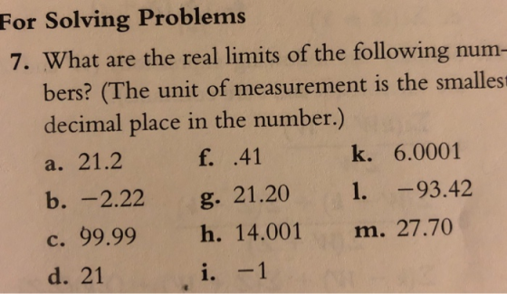 For Solving Problems 7. What are the real limits of the following num- bers? (The unit of measurement is the smallest decimal place in the number.) a. 21.2 b. -2.22 c. 99.99 h. 14.001 m. 27.70 d. 21 f. 41 g. 21.20 k. 6.0001 1. -93.42