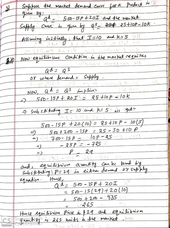 Suppose the market demand cuve for a productes given by the ..Qd 500-15p 7201 and the market Supply Curve is given by QSD 251