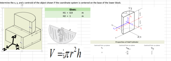 etermine the x, y, and z centroid of the object shown if the coordinate system is centered on the base of the lower block. Gi
