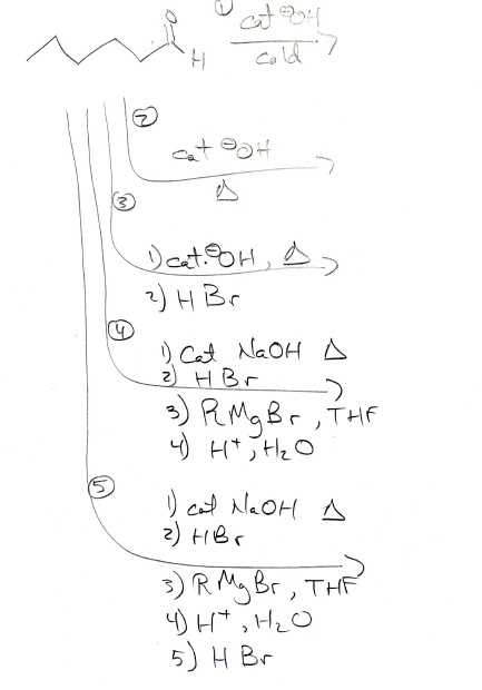cath H cold cat att - 4 Deat. OH, A 2) H Br 1) Cat NaOH A 2) H Br -> 3) RMg Br. The 4) H+ H₂O cat NaOH A 2) HBr 3) R Mg Br.,