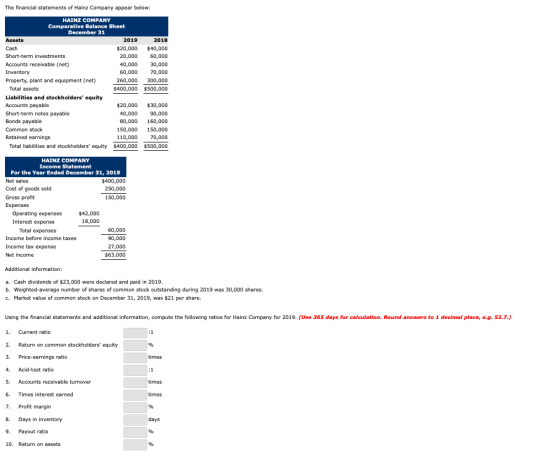 The financial statements of Hainz Company appear below: HAINZ COMPANY Comparative Balance Sheet December 31 Assets 2019 Cash