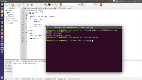 Terminal E 1 (100%) ) 10:48 PM * Symbolssql sword.java Classes index.js HomeworkLib1.cx multiplication.cpp x #includeciost ream» MU