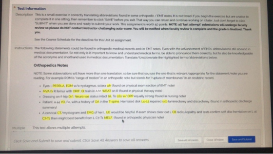 Test Information Description This is a small evercise in cormectly translating abbreviations found in some orthopedic/ EMT