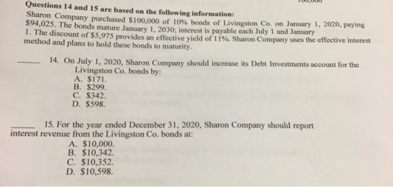 100,000 Questions 14 and 15 are based on the following information: Sharon Company purchased $100,000 of 10% bonds of Livings