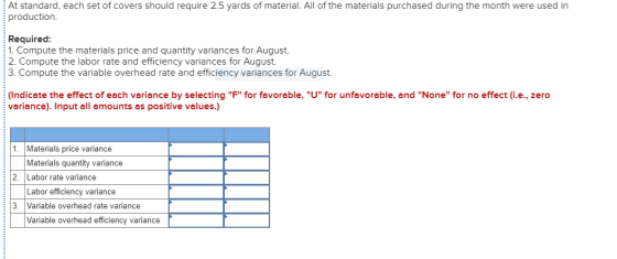 At standard, each set of covers should require 2.5 yards of material. All of the materials purchased during the month were us