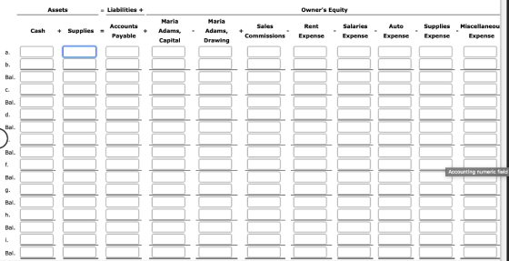 Assets = Liabilities + Owners Equity Cash + Supplies = Accounts - + Payable Maria Adams, Capital - Maria Adams, Drawing + Sa