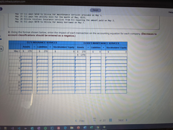 ezto.mheducation.com Saved Help May 19 Eli pays $419 to Olivia tor maintenance services provided on May 5. May 25 Eli pays th
