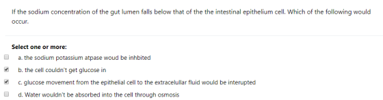 If the sodium concentration of the gut lumen falls below that of the the intestinal epithelium cell. Which of the following w