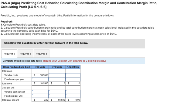 PA5-4 (Algo) Predicting Cost Behavior, Calculating Contribution Margin and Contribution Margin Ratio, Calculating Profit [LO