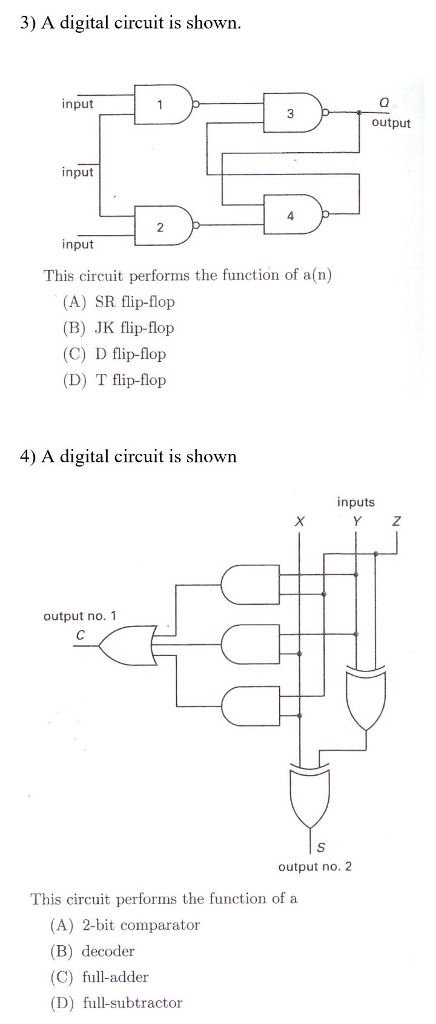 3) A digital circuit is shown input output input 4 input This circuit performs the function of a(n) (A) SR flip-flop (B) JK flip-flop (C) D flip-flop (D) T flip-flop 4) A digital circuit is shown inputs Y Z output no. 1 output no. 2 This circuit performs the function of a (A) 2-bit comparator (B) decoder (C) full-adder (D) full-subtractor